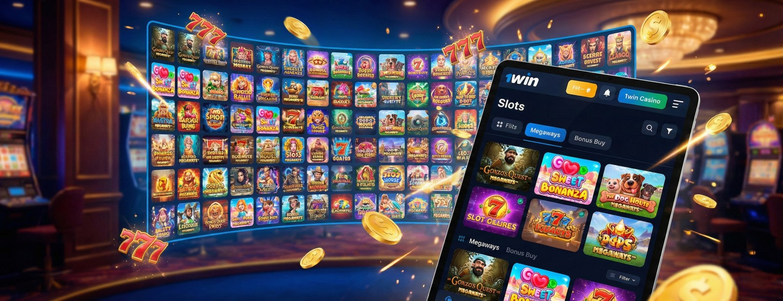 Szeroki wybór automatów do gier online w kasynie 1win na tablecie i ekranie, popularne sloty Megaways i Bonus Buy