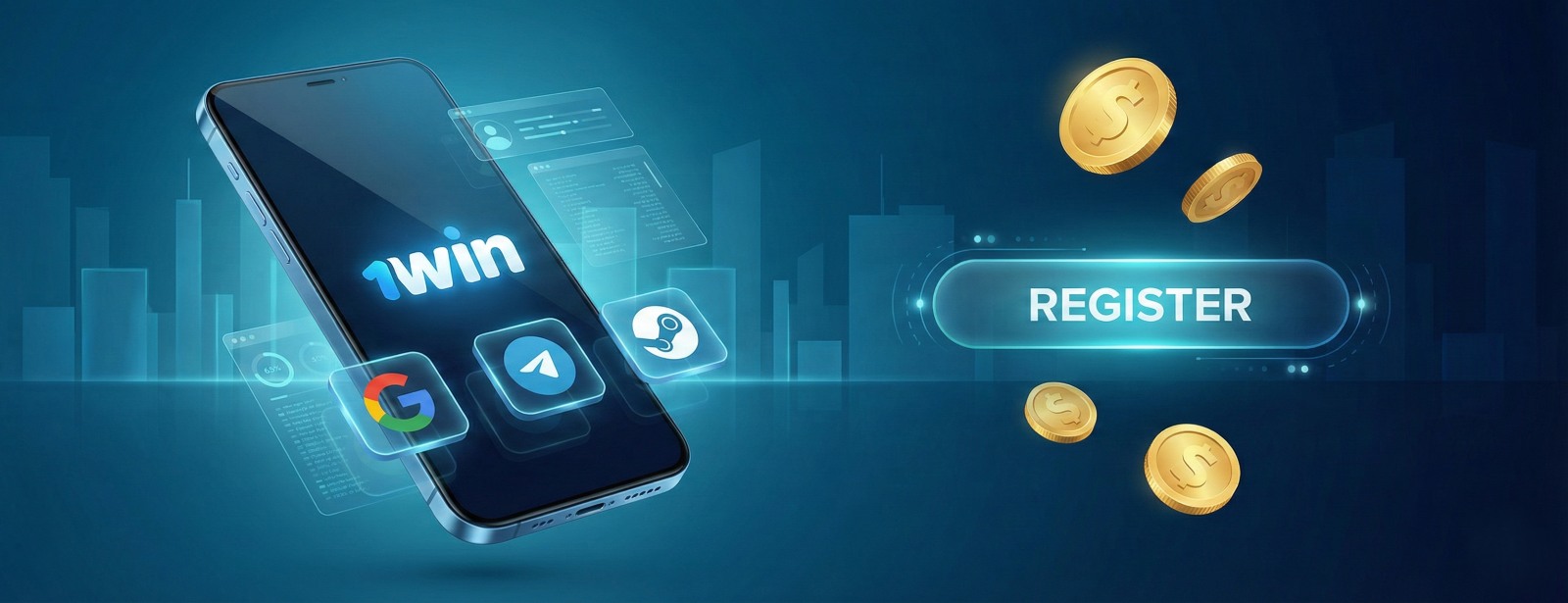 Smartfon z aplikacją 1win wyświetlający przycisk rejestracji oraz ikony mediów społecznościowych do szybkiego logowania.