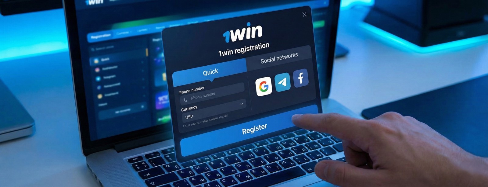 Formularz rejestracji 1win na laptopie pokazujący szybki wybór waluty oraz opcje zapisu przez Google i Telegram