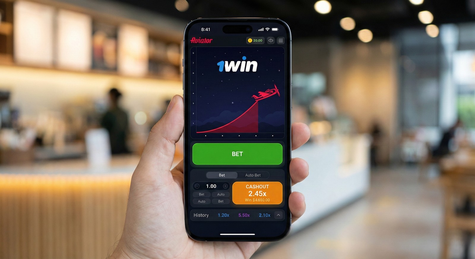 Gra Aviator w aplikacji mobilnej 1win na smartfonie, pokazująca przycisk Cashout i mnożnik zakładu