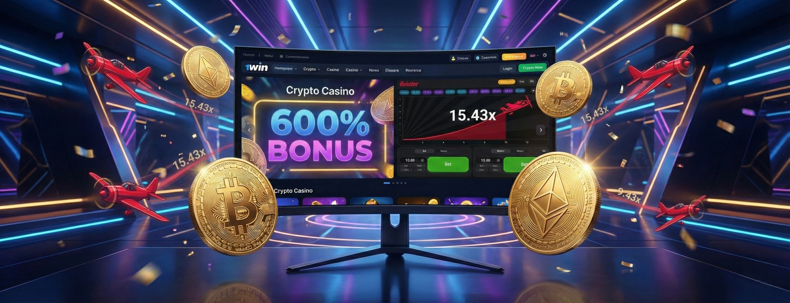 Gra Aviator w kasynie krypto 1win z bonusem 600% i mnożnikiem 15.43x, monety Bitcoin i Ethereum.