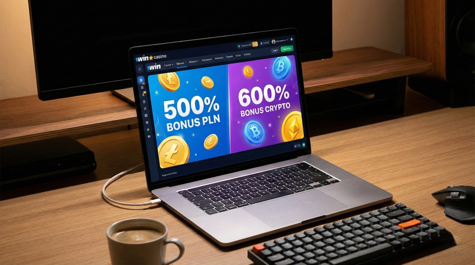 Laptop wyświetlający bonusy 1win casino: 500% bonusu w PLN i 600% bonusu kryptowalutowego dla nowych graczy.