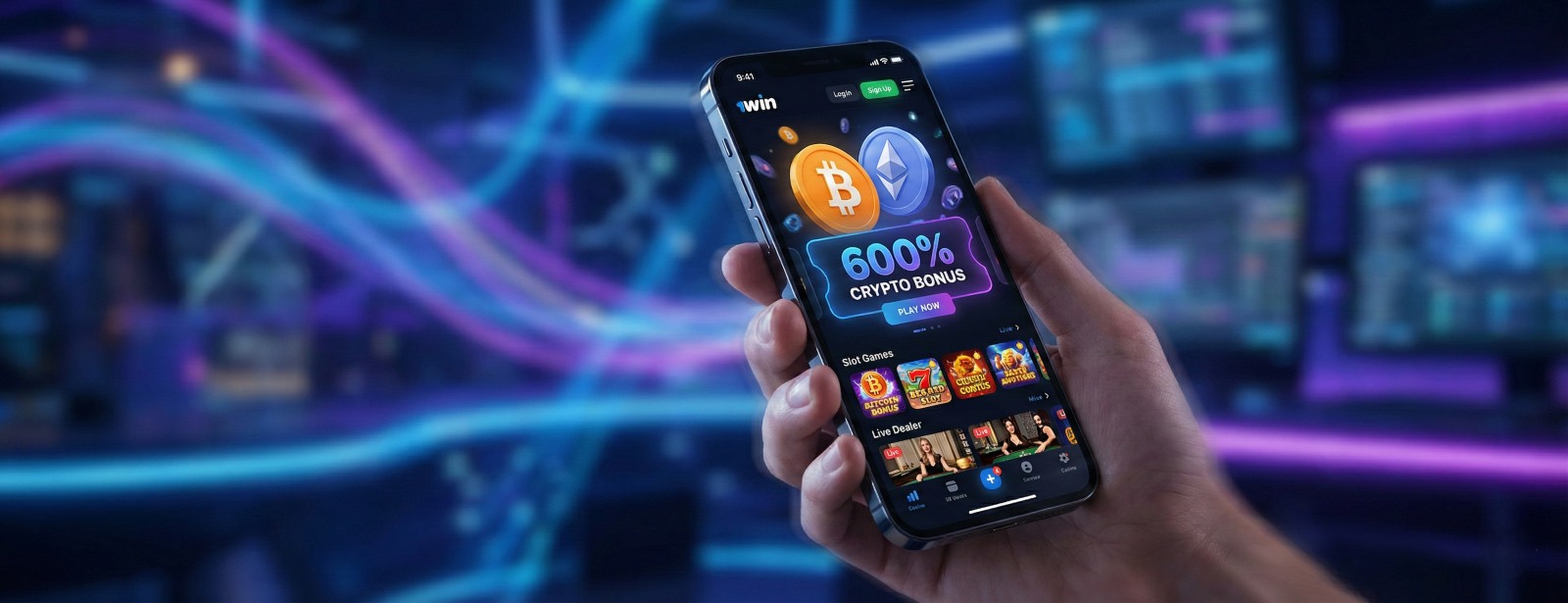 Nowoczesne krypto kasyno online 1win na telefonie z bonusem 600% za depozyt w Bitcoin i Ethereum – aplikacja mobilna.