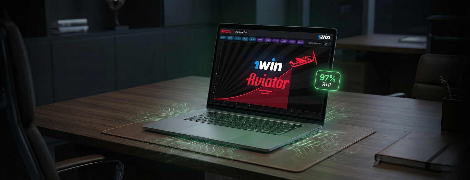 Laptop z grą Aviator na platformie 1win, pokazujący interfejs zakładów i wysoki zwrot RTP 97%