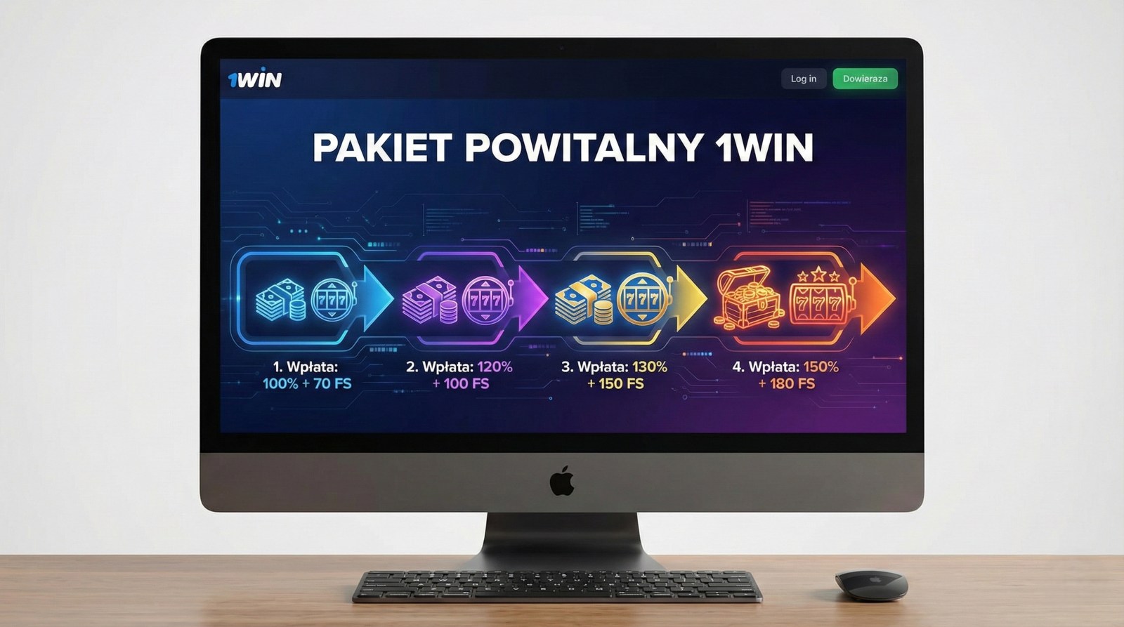 Pakiet powitalny 1win na 4 depozyty: bonusy 100%, 120%, 130%, 150% oraz darmowe spiny FS za każdą wpłatę